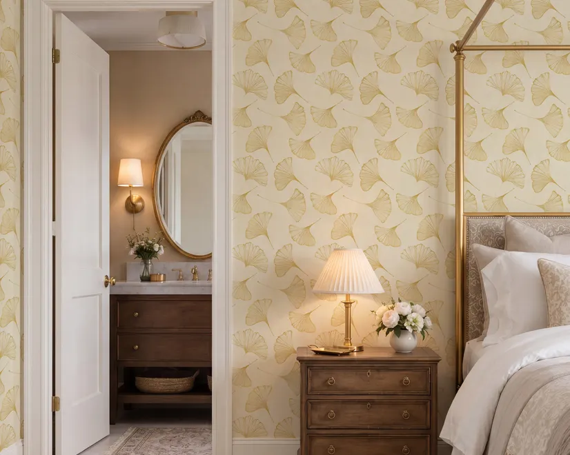 Ginkgo leaf wallpaper with ochre-gold linework on warm ivory and cream parchment ground