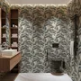 Vintage Japanese tree nature wallpaper with blue-grey canopies, willow foliage, birds and ivory-cream ground