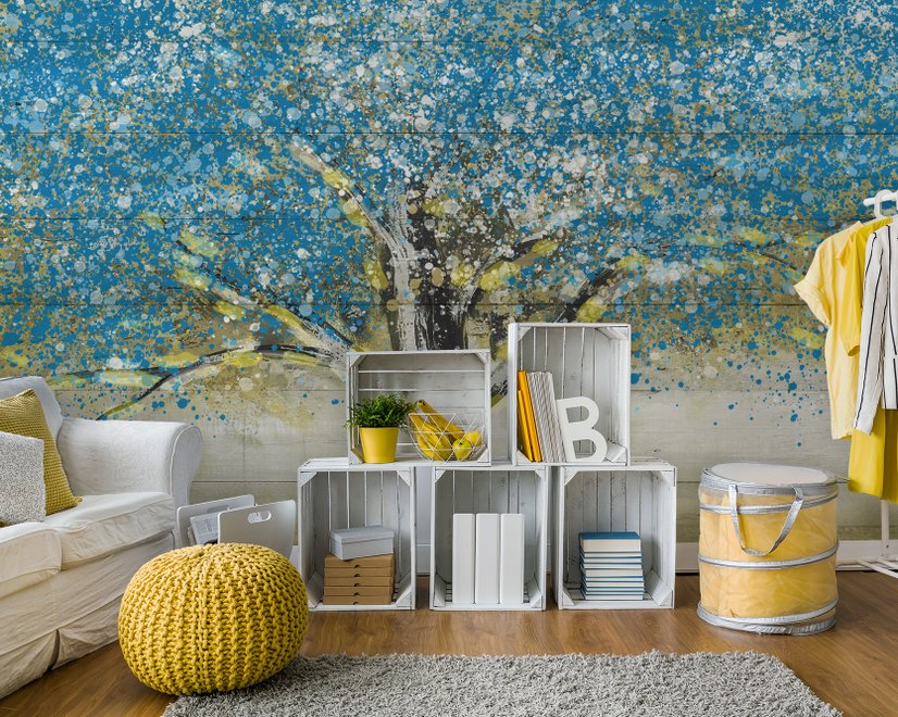 Watercolor Style Blue Tree Wallpaper Mural