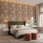 Pink tropical wallpaper with ivory fan palms, orchids, coral blossoms and sage foliage on dusty rose