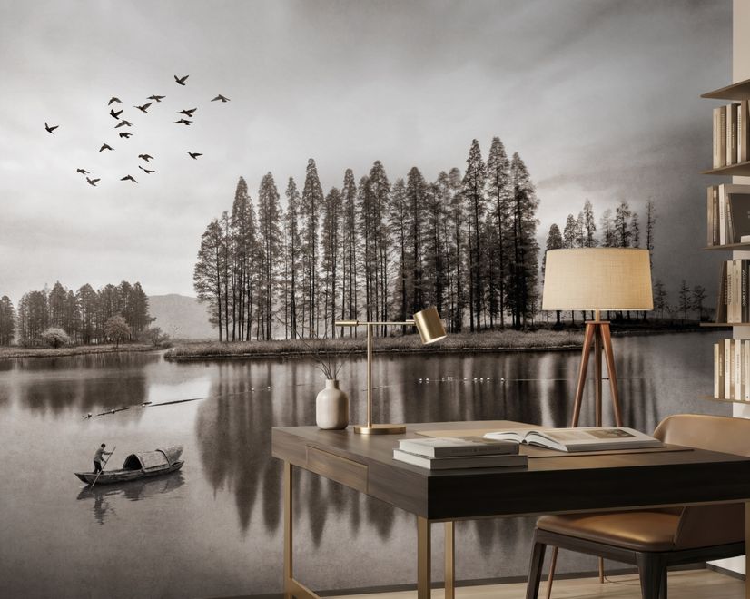 Monochrome Dark Forest and Lake Wallpaper Mural