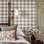 Sage green and cream-white tartan plaid wallpaper with deep red stripes and woven thread texture