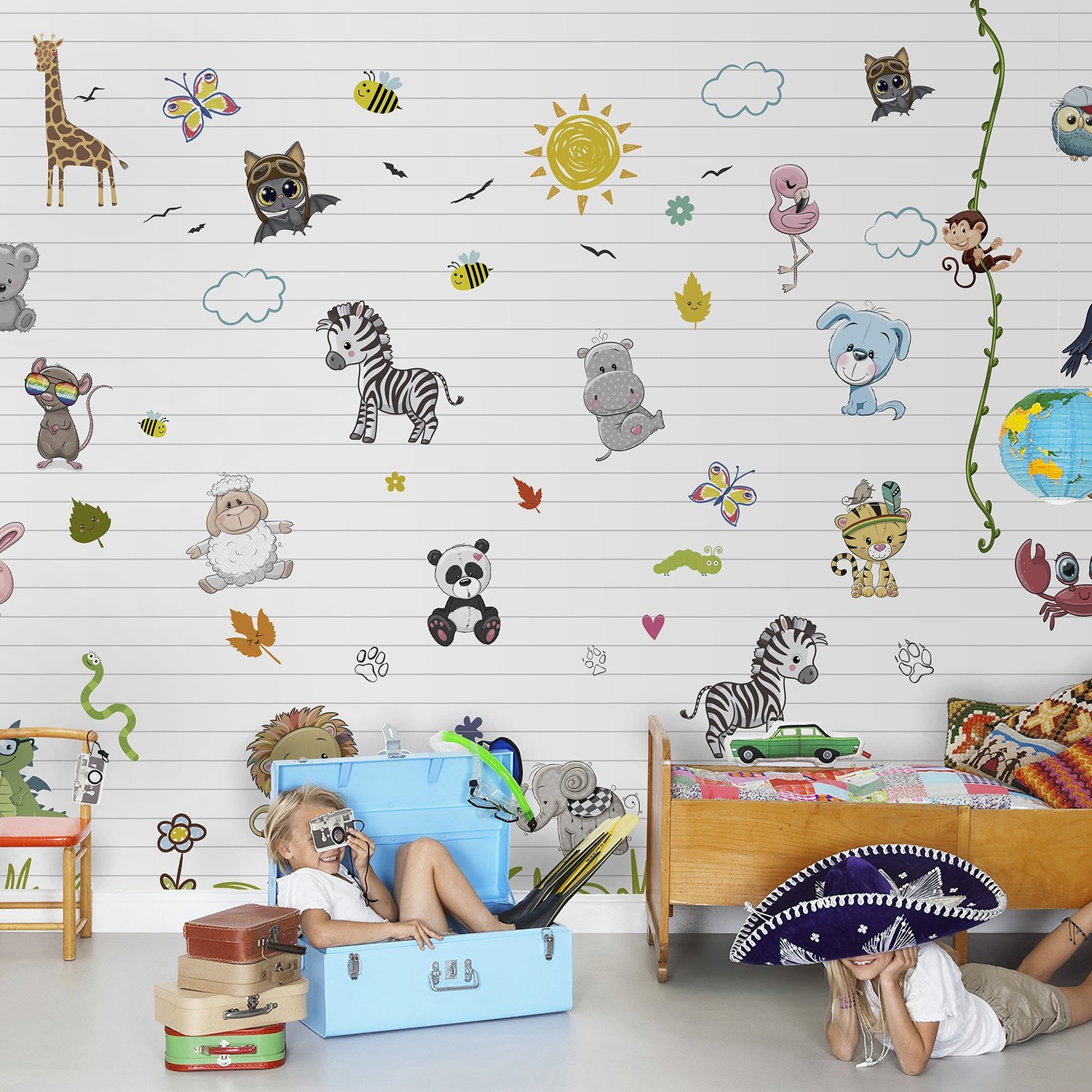 Cute Baby Animals with Sun Wallpaper Mural - Peel and Stick