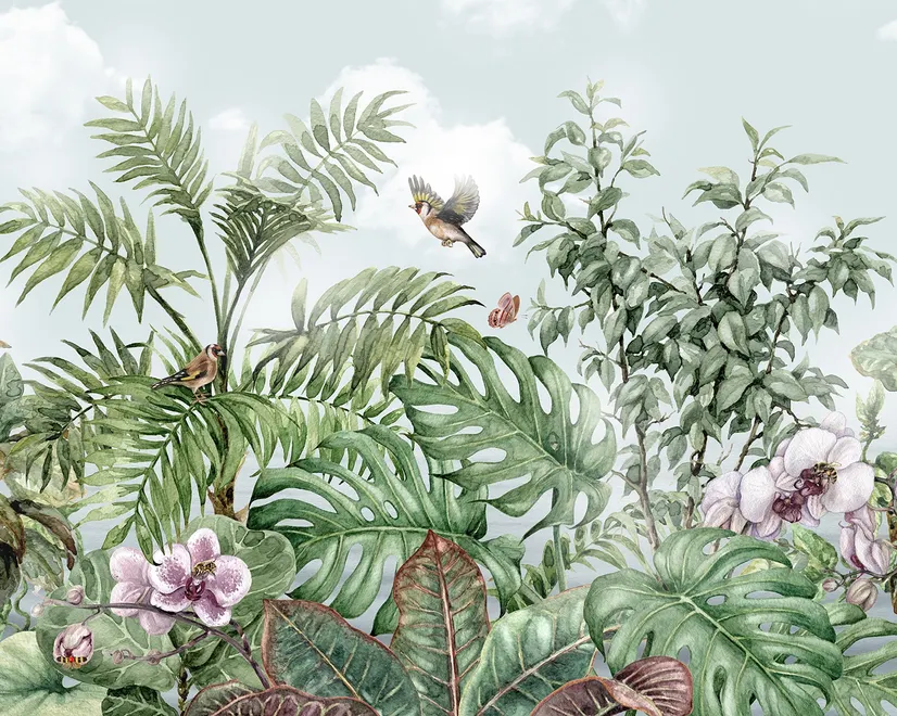 Tropical Leaves with Birds and Florals Wallpaper Mural
