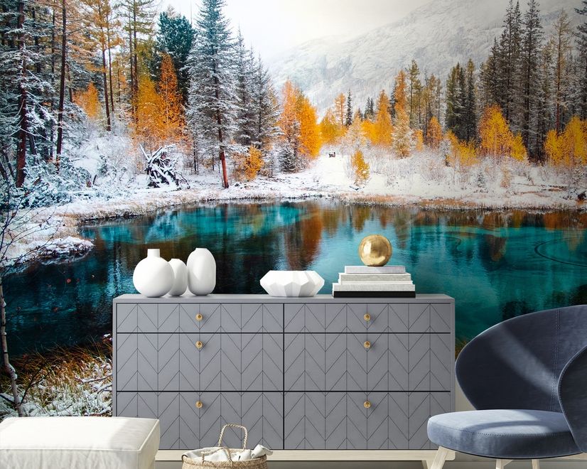 Winter Lake Landscape with Pine Forest Wallpaper Mural