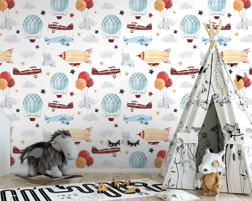 Kids Vintage Hot Air Balloon and Aircraft Pattern Wallpaper Mural