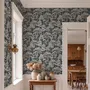 Navy wallpaper with warm ivory and taupe grey toile tree repeat on deep slate blue ground