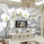 White Orchid Floral with Abstract Stripe Wallpaper Mural
