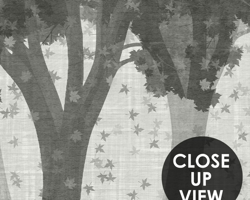 Light gray wallpaper mural with layered ink-wash woodland trees, falling leaves and birds