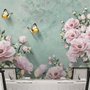 Papier peint panoramique floral vintage rose et papillon jaune
