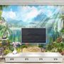 Waterfall and White Swan with Garden Flowers Landscape Wallpaper Mural