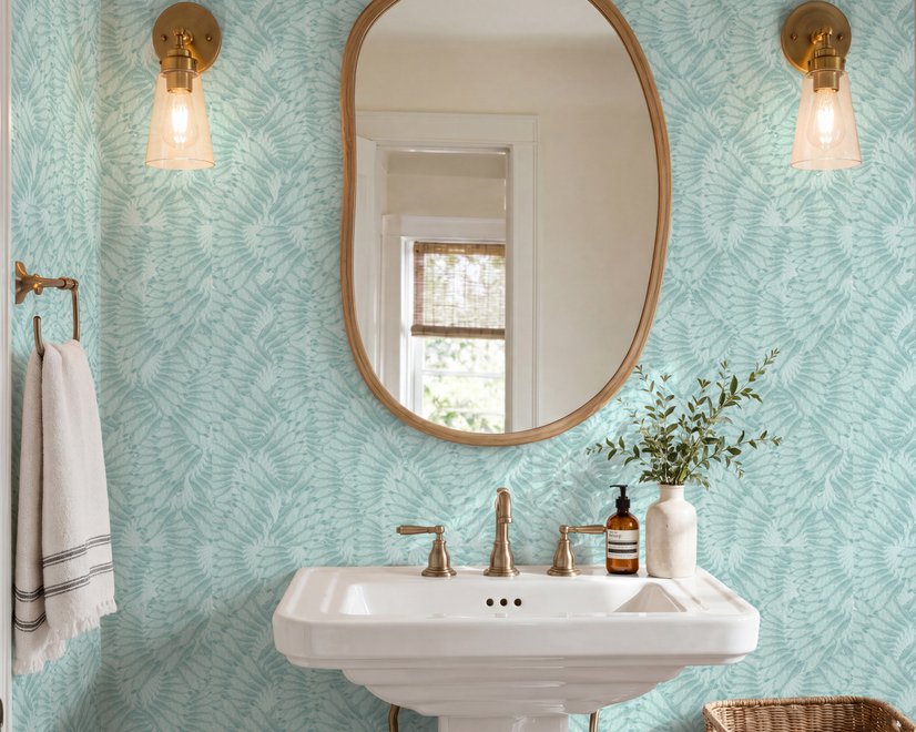 Aqua fern wallpaper with overlapping icy blue palm fronds on a pale aqua ground