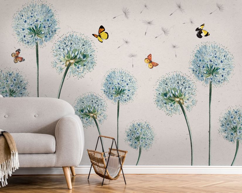 Blue Dandelion and Yellow Butterflies Wallpaper Mural