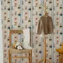 Cartoon wallpaper with rabbits, mice, a crowned fox and lambs in costumes between wavy blue stripes