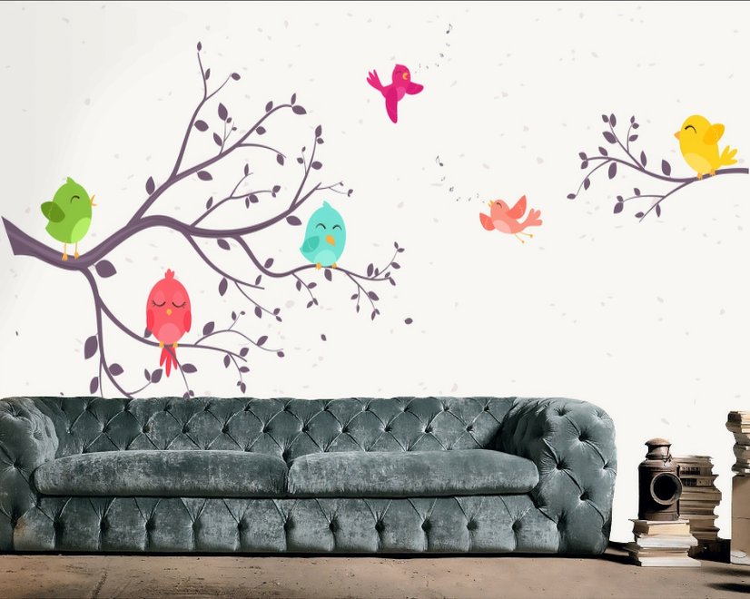 Papier peint panoramique arbre cartoon oiseaux colorés chantants enfants