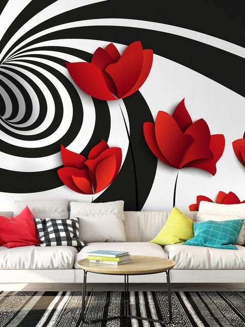 Papier peint panoramique coquelicots rouges avec fractales abstraites