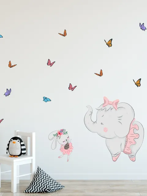 Kids Pink Ballerine Elephant and Bunny with Little Butterflies Wall Decal Sticker