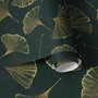 Dark green wallpaper with metallic antique-gold etched ginkgo leaves on a textured forest-green teal ground