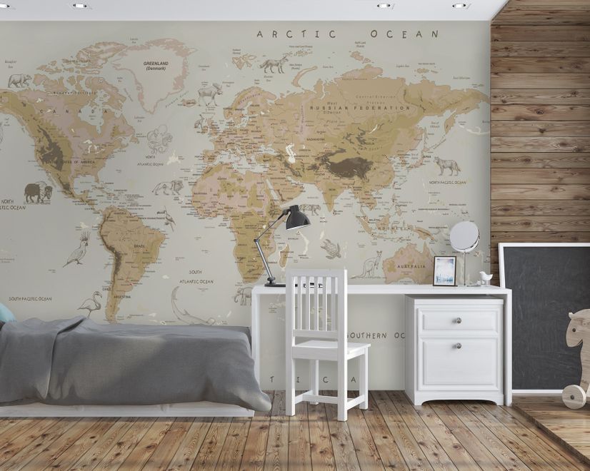 Kids Brown Political World Map with Animals Wallpaper Mural