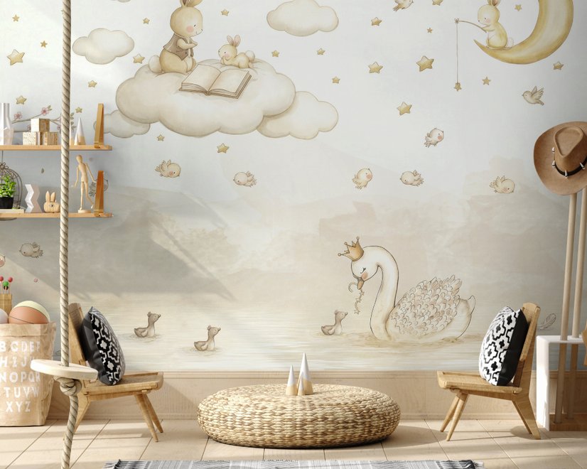 Rabbits on the Clouds and Empty Cages Wallpaper Mural
