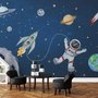 Papier peint panoramique de l'espace avec vaisseau spatial et astronaute pour les enfants