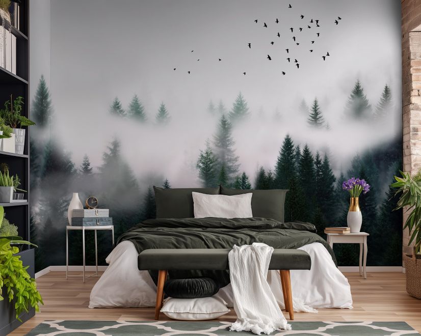 Dunkler Wald Nebel Landschaft Fototapete
