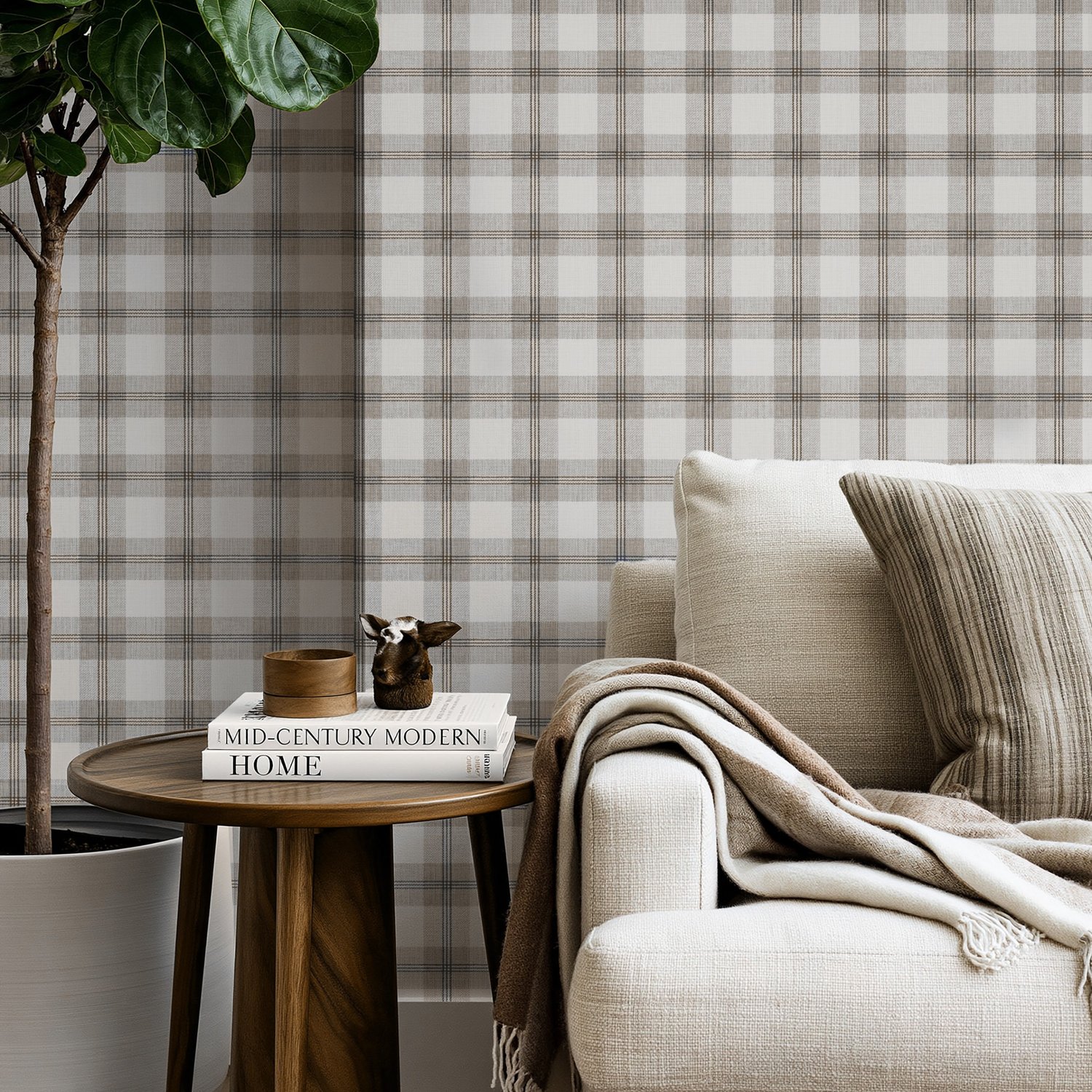Neutral Beige and Brown Plaid Wallpaper - Peel and Stick