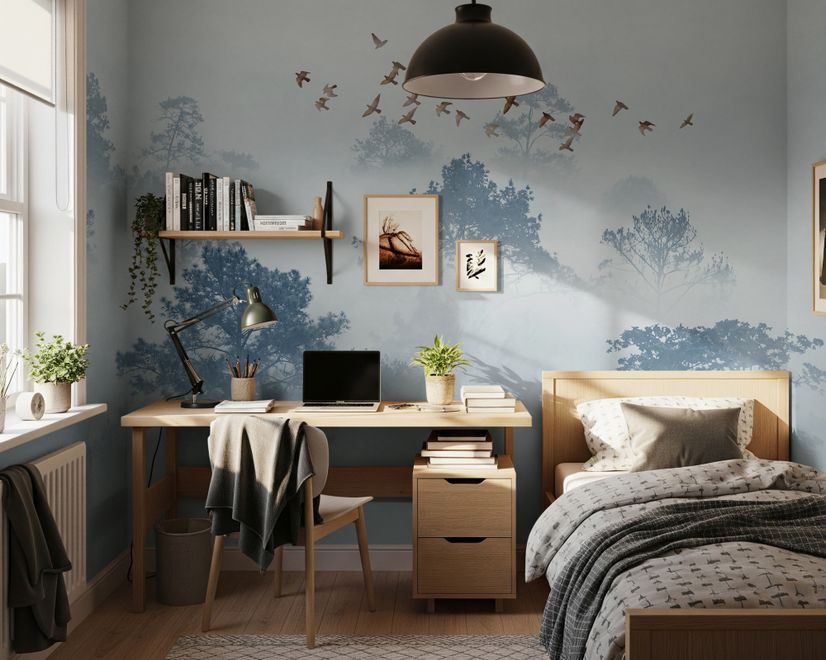 Misty Forest with Birds Wallpaper Mural