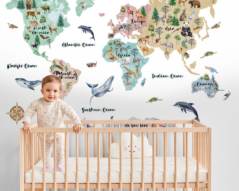 Kids Watercolor World Map Wall Decal Sticker