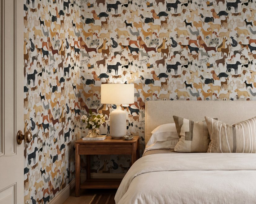 Zoomie kids wallpaper with painted dog breeds in tan, brown, black and grey on white