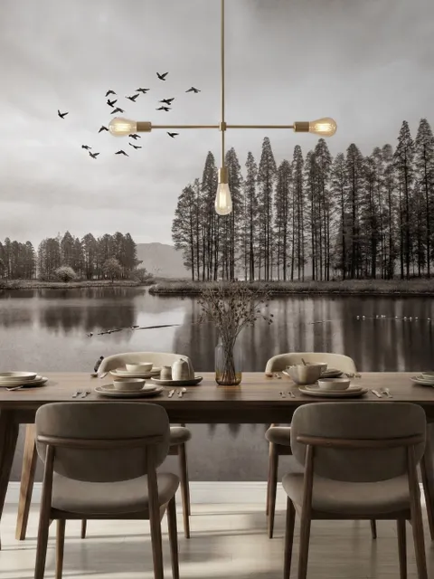 Monochrome Dark Forest and Lake Wallpaper Mural