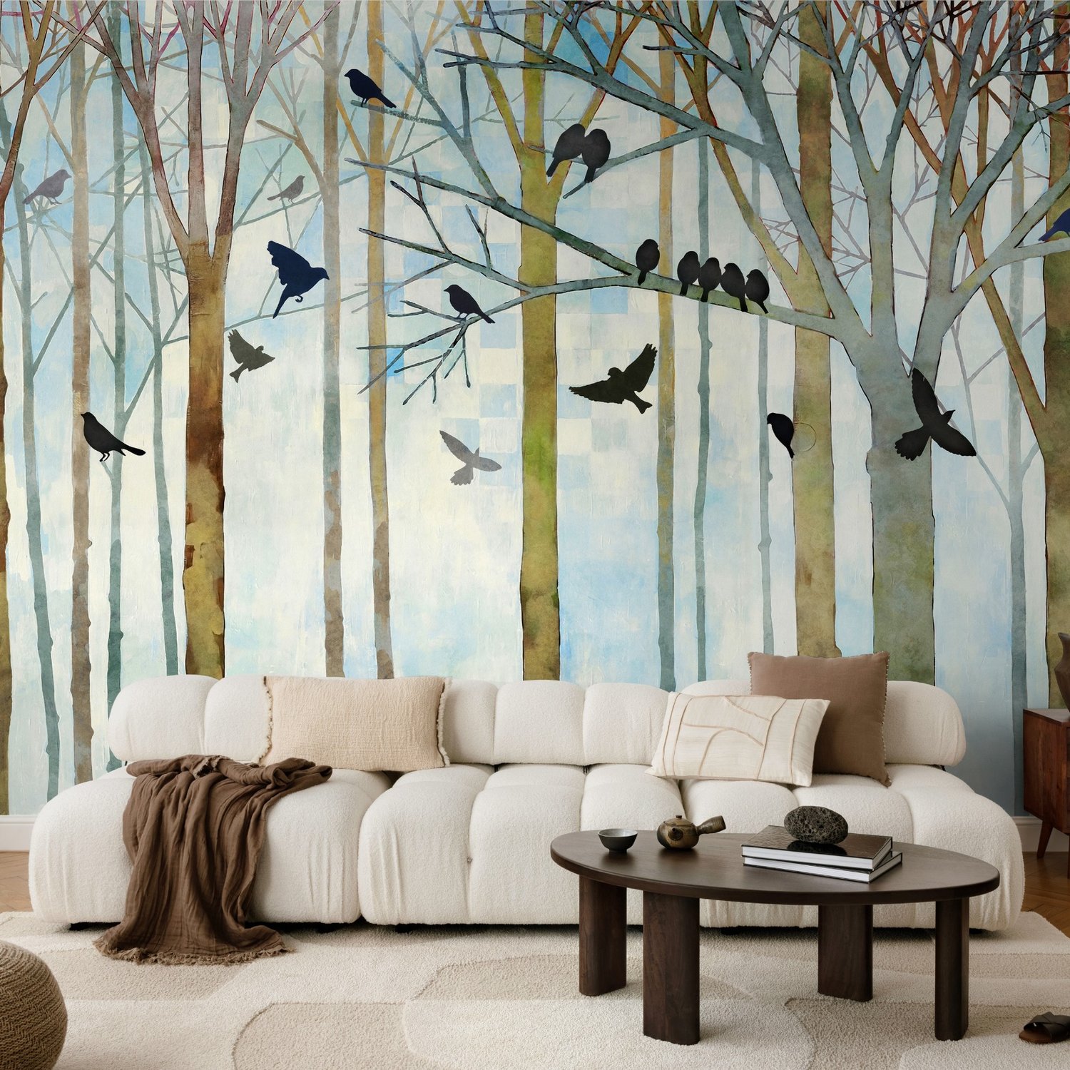 Vintage Abstract Forest and Black Bird Wallpaper Mural - Peel and Stick
