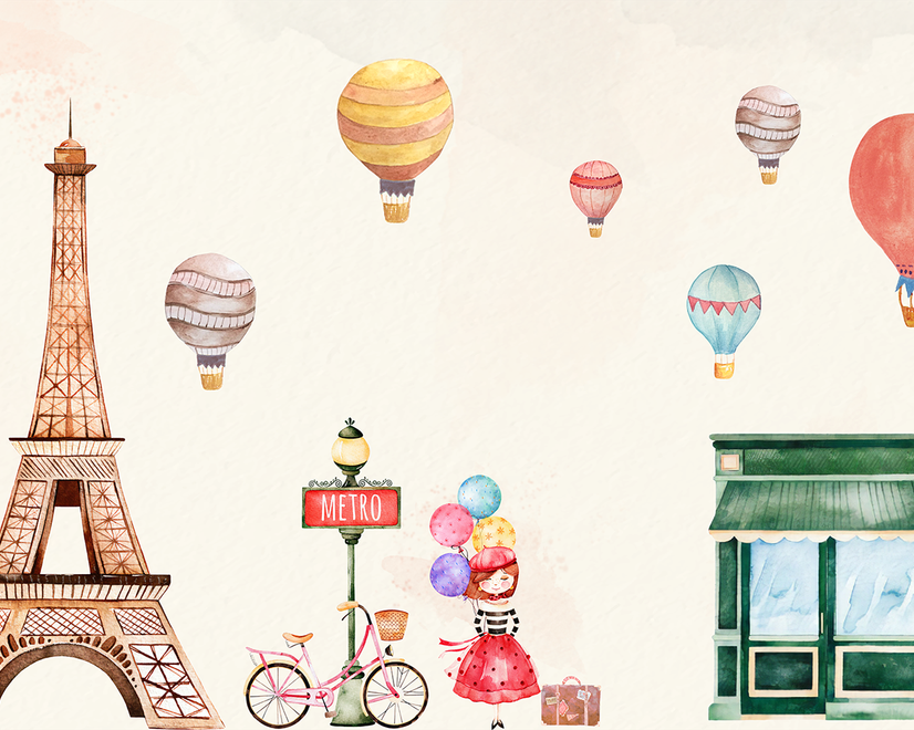Eiffel Tower and Little Hot Air Balloon Wallpaper Mural