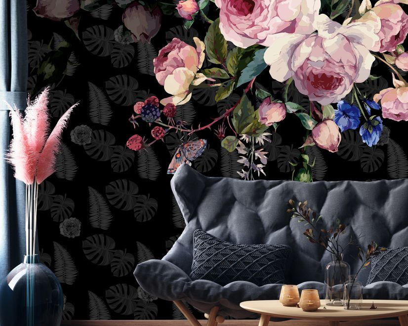 Dark Pink Flowers and Yellow Butterfly Wallpaper Mural