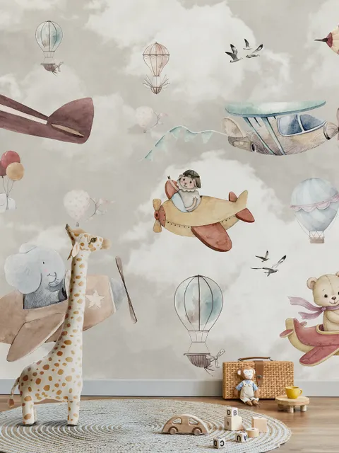 Kinderzimmer Fototapete Cartoon-Tiere fliegen mit Flugzeug