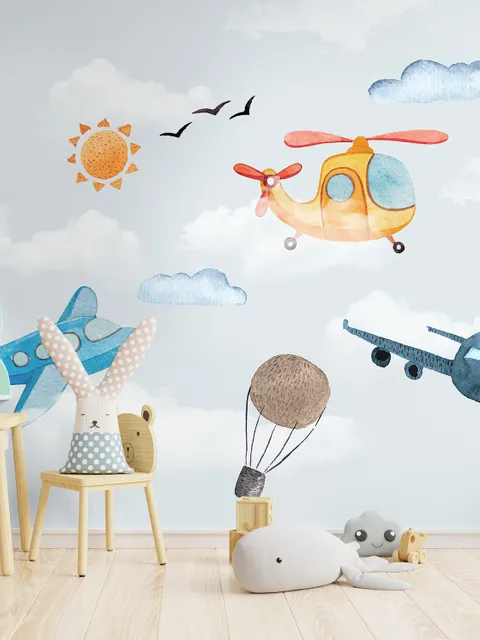 Cartoon Aircraft and Pink Hot Air Balloon Wallpaper Mural