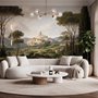 Vintage oil painting wallpaper of cypress trees, villas and a domed cathedral in an Italian landscape