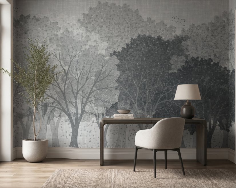 Light gray wallpaper mural with misty forest trees, falling leaves and birds