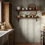 Green aesthetic wallpaper with sage leafy sprigs, fine vertical rules and dotted borders on cream ivory