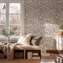 Greige botanical wallpaper with white watercolour flowers, buds, seed heads and acanthus leaves