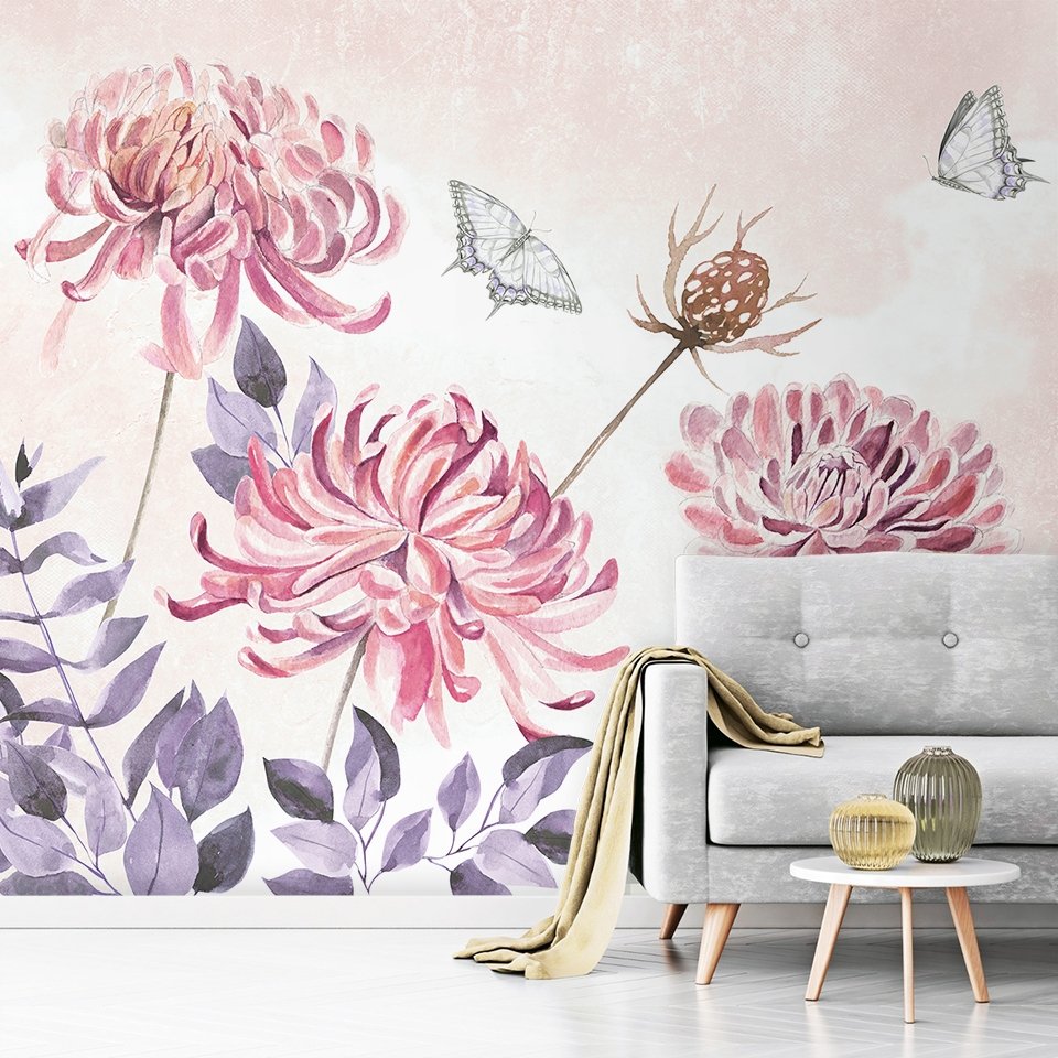 Retro Watercolor Pink Dandelion Flower Art Wallpaper Mural - Peel and Stick