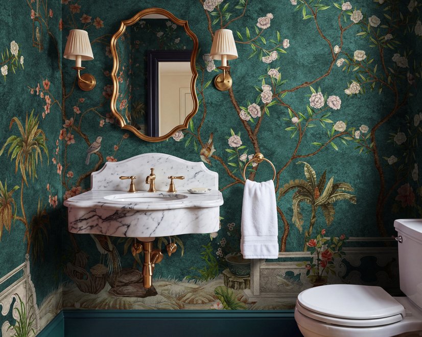 Floral wallpaper with birds in a teal chinoiserie garden with blossoms, pheasant, palms and stone railings
