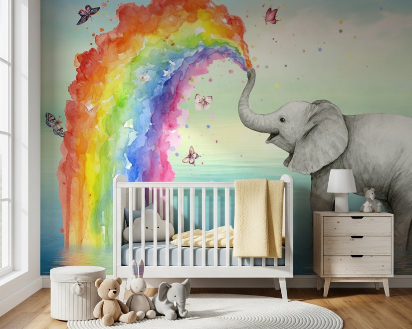 Kinder Fototapete Elefant mit Aquarell-Regenbogen
