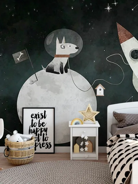 Kids Space Dog with Moon and Rockets Wallpaper Mural
