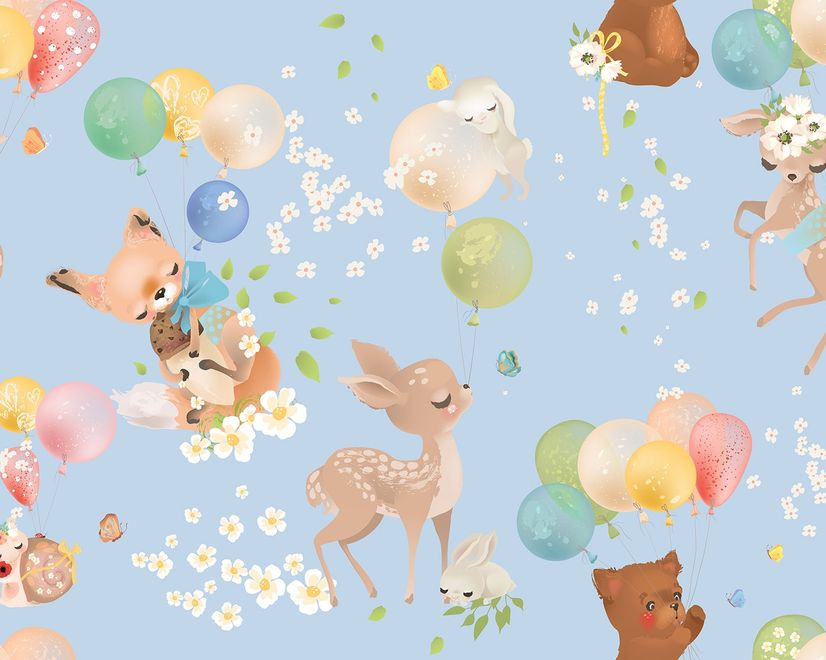 Cute Animals Flying with Hot Air Balloons Kids Wallpaper Mural