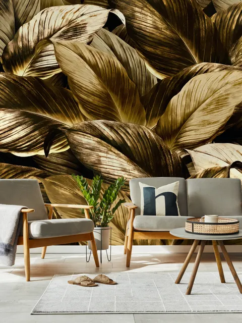 Papier peint panoramique élégant de feuilles mortes dorées
