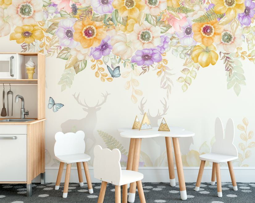 Papier peint panoramique floral jaune avec cerfs à cornes