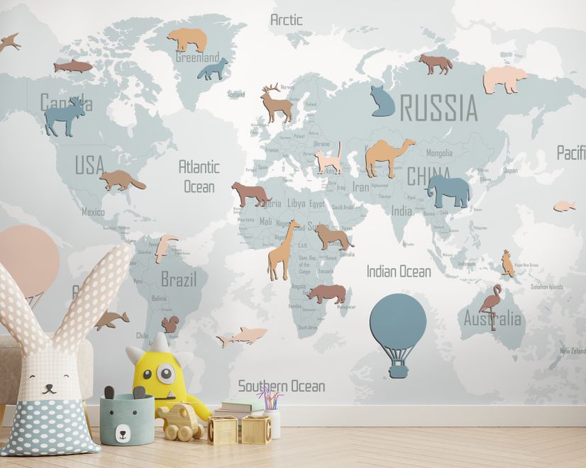 Kids Blue Political World Map with Colorful Animal Silhouette Wallpaper Mural