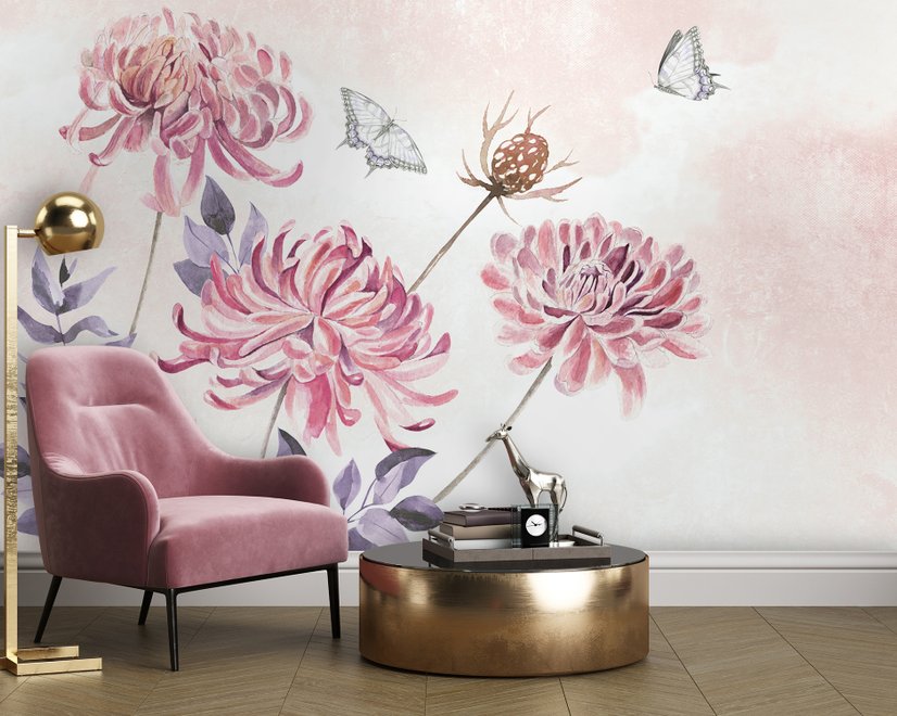Retro Watercolor Pink Dandelion Flower Art Wallpaper Mural