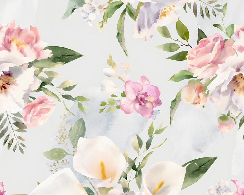 Watercolor White Pink Floral Bouquet Wallpaper Mural